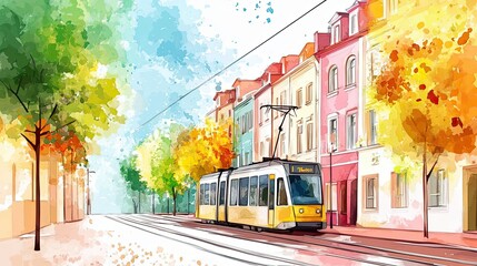 Obraz premium Yellow Tram Passing Colorful Autumnal City Buildings