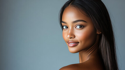 Naklejka premium Confident Woman with Sleek Straight Hair, Minimalist Portrait Against Clean Grey Background
