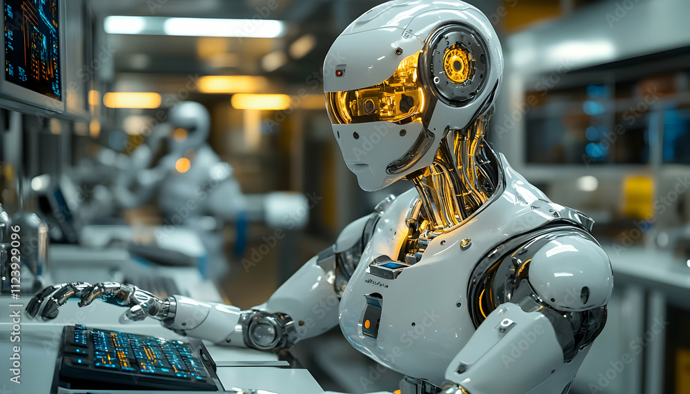 Poster a futuristic robot working at a control station in a high-tech environment.