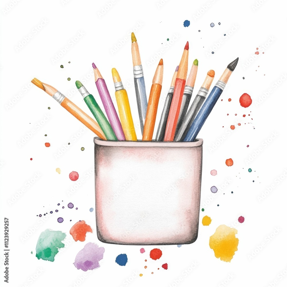 Poster vibrant watercolor pencil case overflowing with an array of art supplies including pencils brushes a