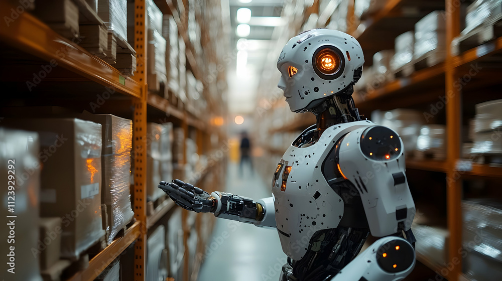 Poster a humanoid robot interacting with boxes in a warehouse setting.