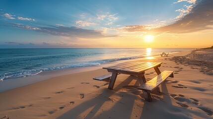 Solitary picnic table on a tranquil beach at sunset, footprints in the sand.