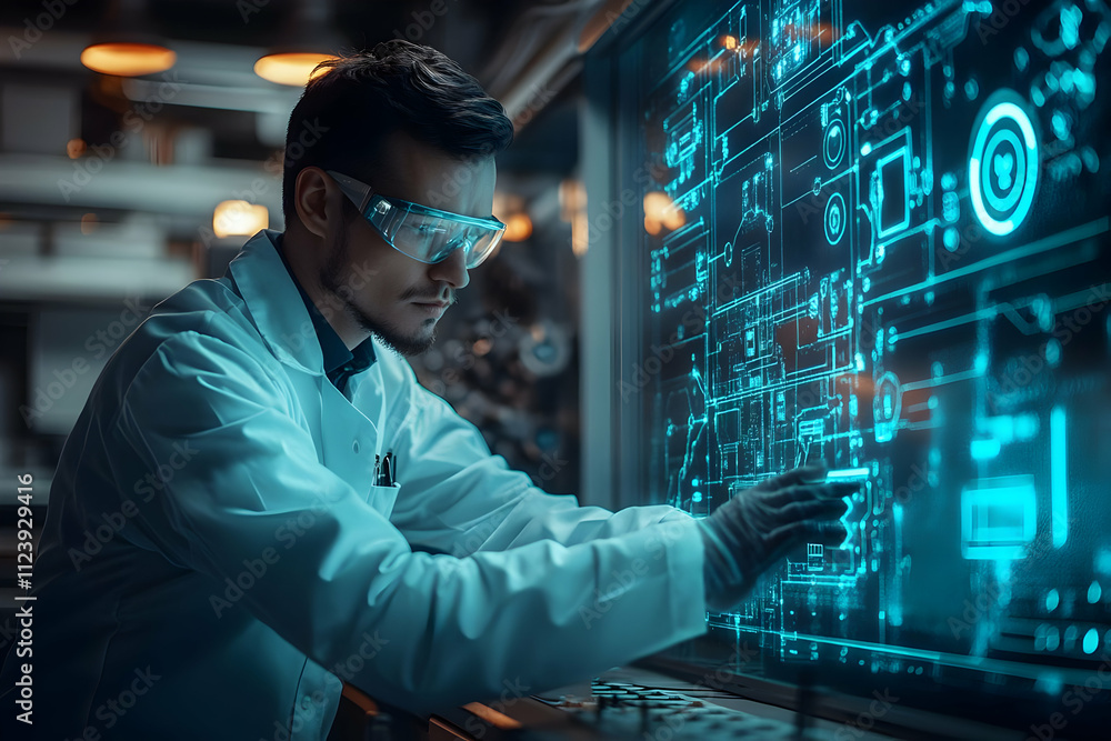Poster a scientist interacts with a holographic display of technical schematics in a lab setting.