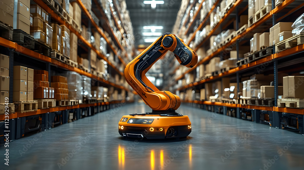 Poster a robotic arm on a mobile base in a warehouse, designed for automated material handling.