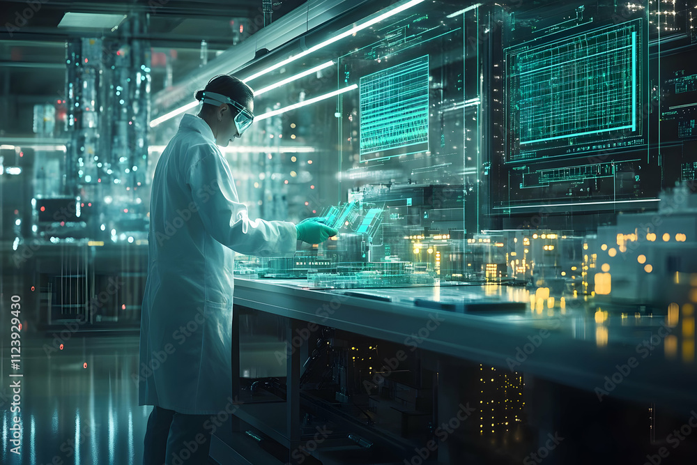 Poster a scientist in a lab analyzing data with advanced technology and holographic displays.