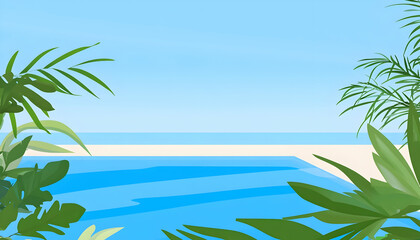 Fototapeta premium A serene beach scene with a pool, clear water, and tropical foliage.