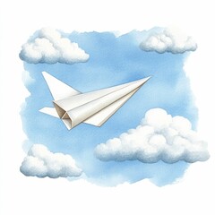 Whimsical watercolor painting of a paper airplane gracefully gliding through a serene dreamy sky filled with soft fluffy clouds  Represents the concepts of imagination freedom progress