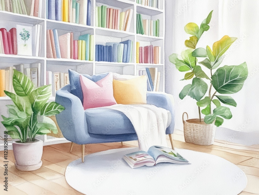Poster cozy and inviting watercolor of a home library with bookshelves filled with colorful books and a com