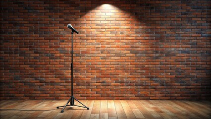 Empty stand-up stage with a spotlighted microphone stand, set against a brick wall background , comedy, performance