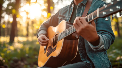 Obraz premium Man Playing Guitar in a Park, Showcasing Relaxed Outdoor Lifestyle and Music