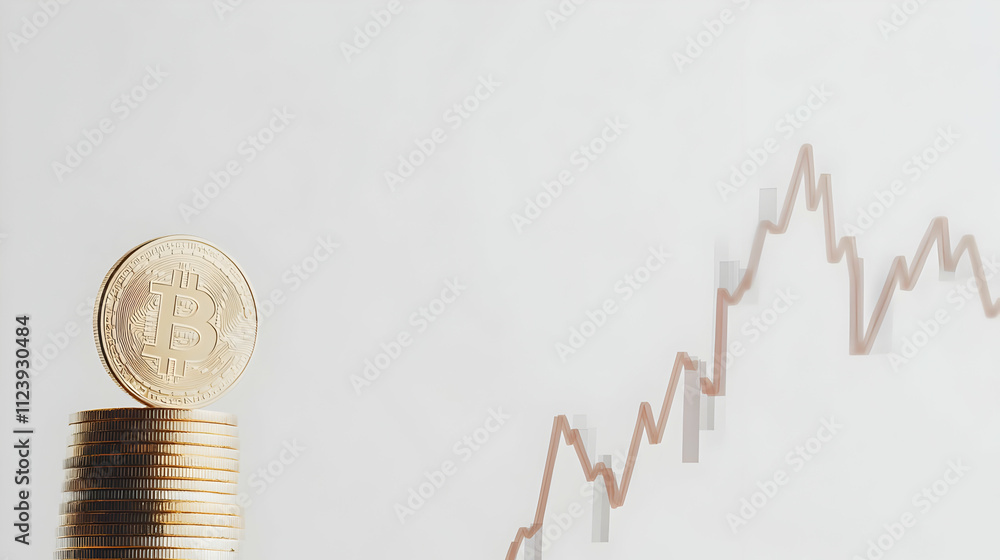Poster a stack of coins with a bitcoin on top, alongside a rising graph indicating growth.