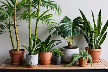 Fototapeta premium Lush Tropical Plant Gathering: Bamboo Palm, Fig Tree, Monstera, Fern, and Snake Plant Collection