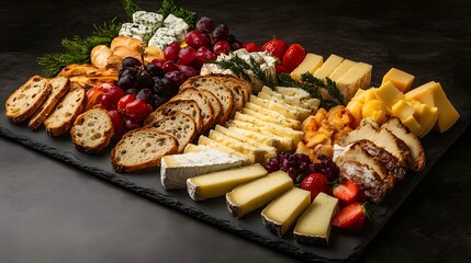 Assorted Cheeses Bread Grapes and Strawberries Platter
