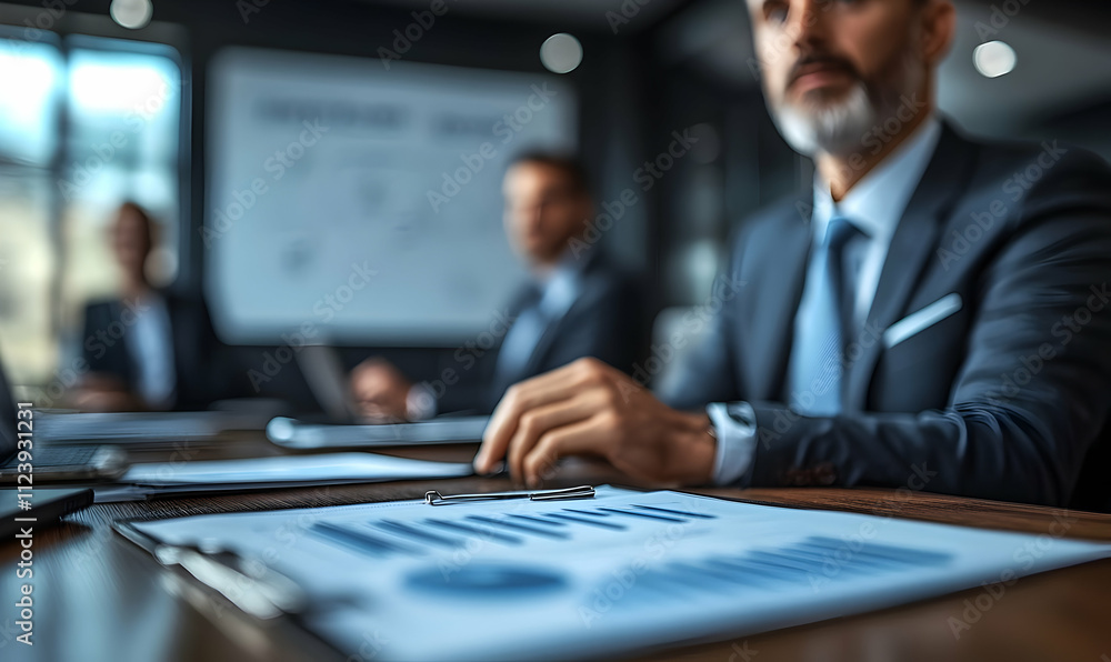 Poster business meeting with charts and graphs on a table, focusing on strategy and analysis.