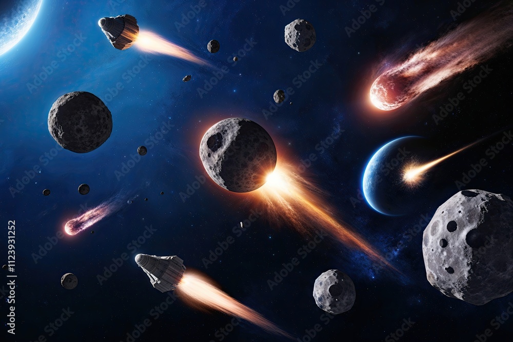 Poster flying asteroids and comets collection isolated in space background