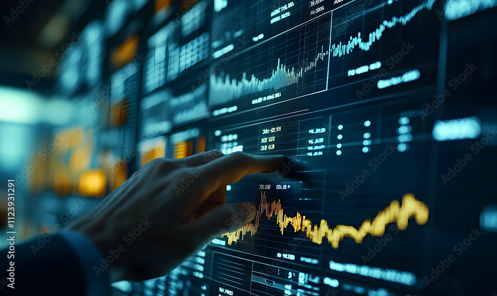 Poster a hand interacts with a digital display showing financial data and graphs.