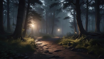 Fototapeta premium A faint light source illuminates a darkened forest path, flickering lantern, nighttime walkway