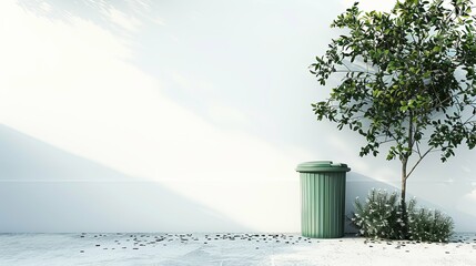 Obraz premium Minimalist outdoor scene with a green trash can, small tree, and flowering shrub against a white wall.