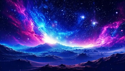 宇宙の夜空、紫と青の星雲、光り輝く銀河、幻想的な風景、山々と広がる宇宙、神秘的な夜空、星空のアート、広大な宇宙の景色、カラフルな星空、未来的な風景