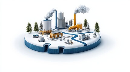 Obraz premium A snowy industrial landscape featuring factories, smoke, and trees, depicting a winter scene of manufacturing and environmental impact.