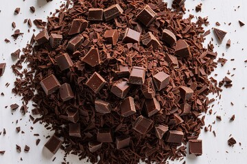 Minced Bittersweet Chocolate on White Background Bird's Eye View