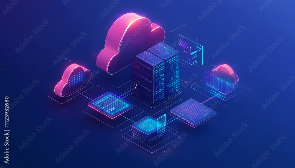 Poster digital illustration of cloud computing and server architecture with vibrant colors.