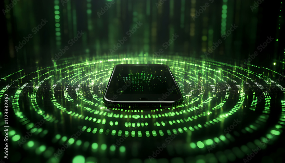 Aufkleber a smartphone surrounded by glowing green data patterns, symbolizing technology and connectivity.