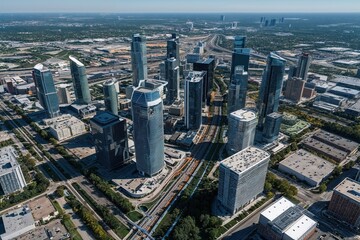 Obraz premium Modern City Overview: High-Altitude Drone View of Infrastructure, Network Interactions, and Community Dynamics