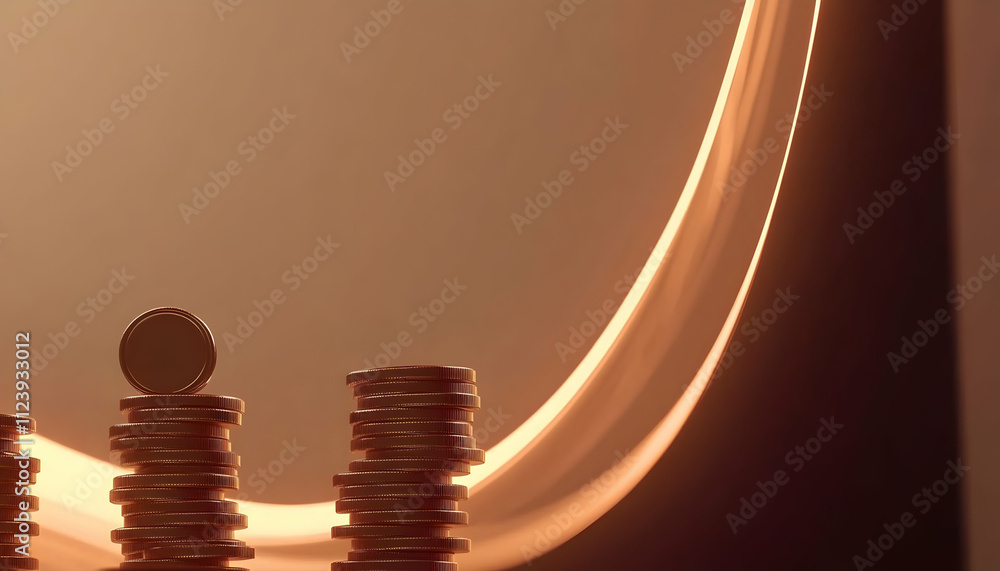 Poster a stack of coins with a single coin on top, illuminated by soft, warm light.