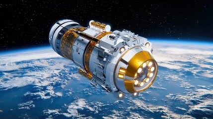A futuristic spacecraft or satellite orbits Earth, showcasing advanced technology against a backdrop of space and the planet's curvature.