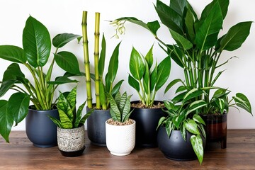 Obraz premium Stunning Indoor Plant Cluster with Calathea Bamboo Peace Lily Snake Plant and Pothos