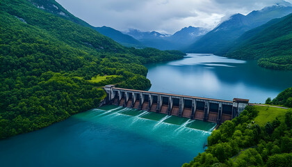 Obraz premium Aerial view of a dam surrounded by lush green mountains and a serene lake.