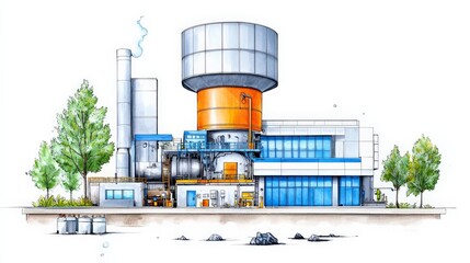 Industrial facility illustration featuring a power plant with smokestacks, cooling towers, and green surroundings.
