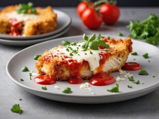 A single piece of Chicken Parmigiana placed neatly on a clean white ceramic plate.