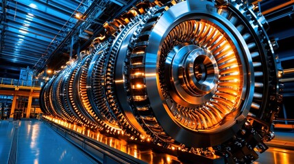 Fototapeta premium A close-up view of a large industrial turbine, showcasing intricate details and glowing components in a high-tech environment.