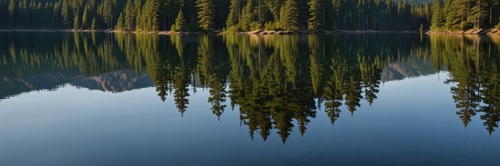 Serene Lake Reflecting Evergreen Trees and Sky