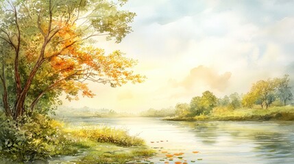 Fototapeta premium Serene autumnal watercolor, riverbank trees, tranquil water.