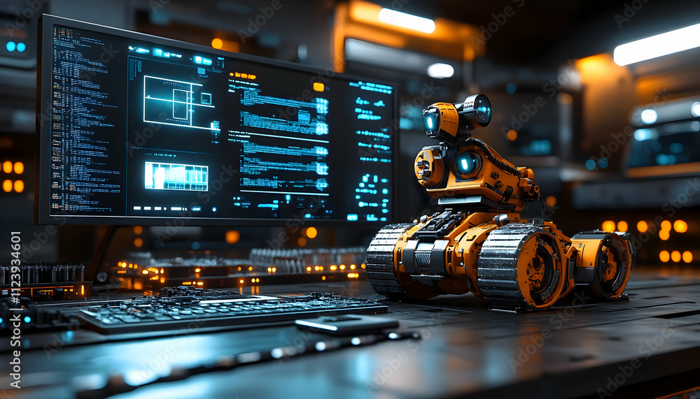 Poster a robotic device beside a computer in a high-tech environment.