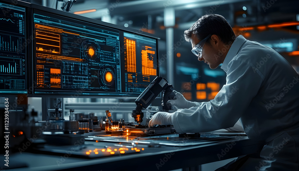 Aufkleber a scientist examines samples under a microscope in a high-tech laboratory.