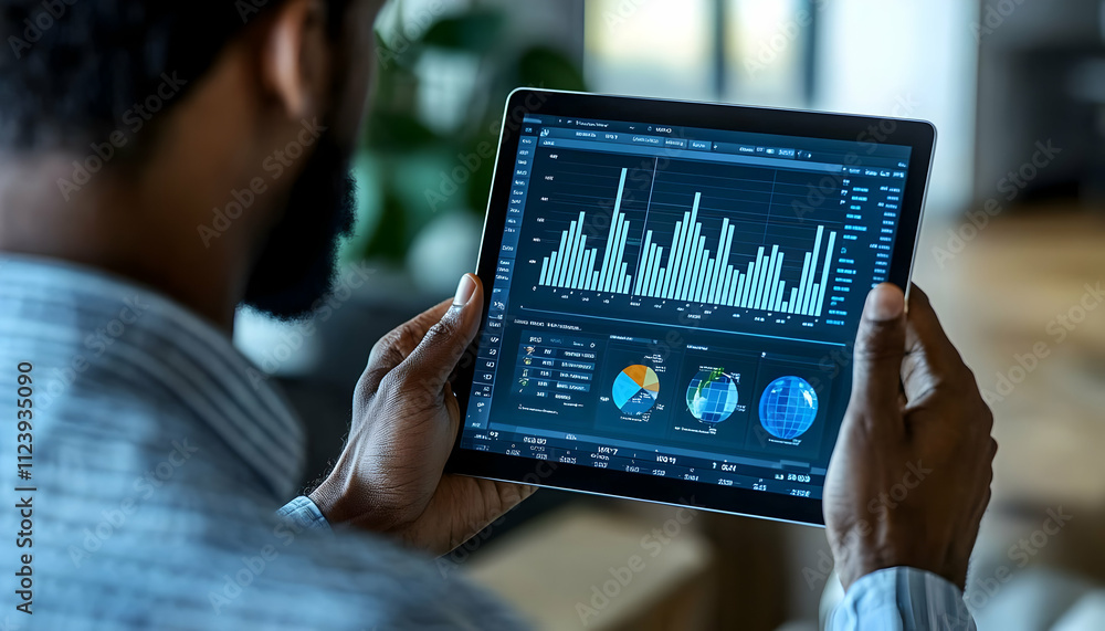 Poster a person analyzing data on a tablet, displaying graphs and charts for business insights.