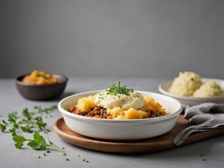 A small individual serving of Cottage Pie in a simple white ceramic dish.