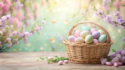 Pastel Easter eggs in a wicker basket surrounded by spring blossoms on a wooden surface