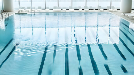 A serene indoor swimming pool with clear water and lounge chairs.