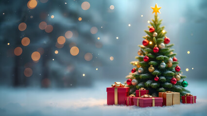 Obraz premium A Vibrant Low Poly Christmas Tree with Colorful Ornaments and Presents Set Against a Softly Falling Snow Background