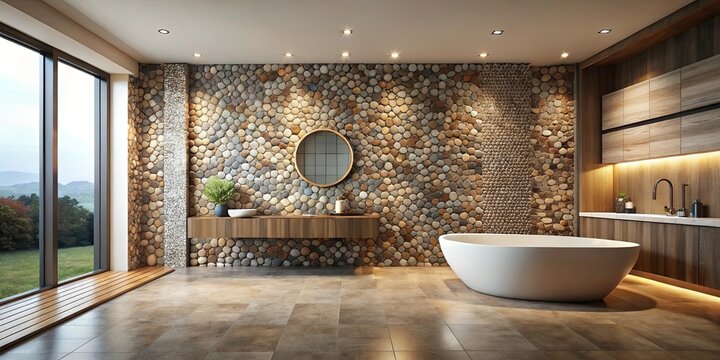 Modern bathroom design with pebble stone wall and freestanding bathtub