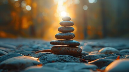 Obraz premium Balanced stones at sunset in a forest.