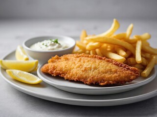 A single piece of golden, crispy battered fish is placed next to a small pile of perfectly cut chips on a plain white ceramic plate.