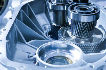 Gear set of driving motor in EV car. Roller bearings. new bearing for electric motor.