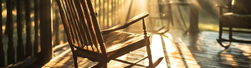 Wooden Rocking Chair On Porch In Golden Sunlight