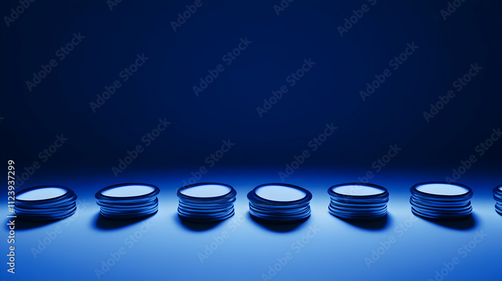 Poster a row of circular objects illuminated in blue light, creating a modern aesthetic.